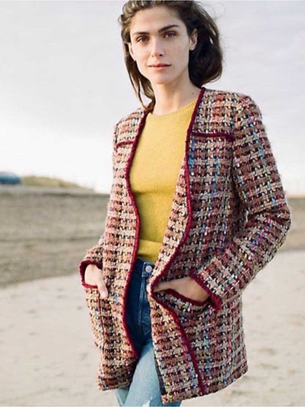 Anthropologie Multicolor Tweed Blazer with Burgundy Trim